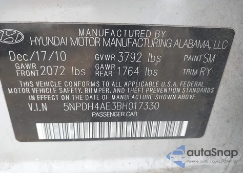 2011 Hyundai Elantra Limited from USA, damaged, VIN 5NPDH4AE3BH017330